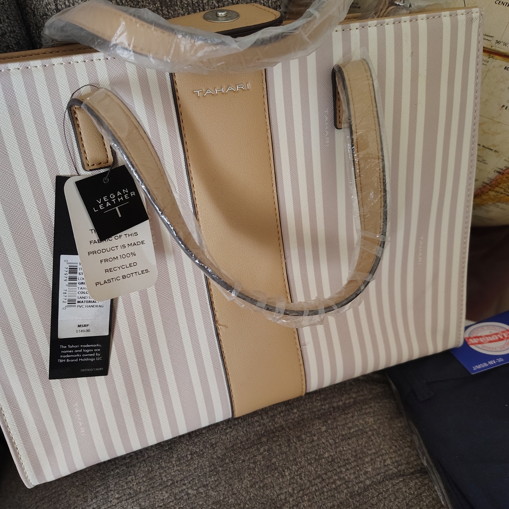Tahari Beige and Cream Striped Tote